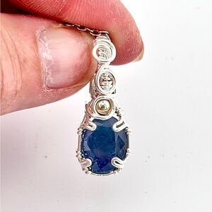 HANDMADE Sapphire Silver Filled Wire Wrapped Pendant Necklace. Artisan Jewelry